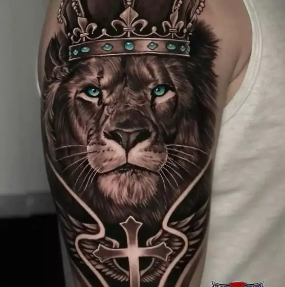 Crowned Lion and Cross Tattoo