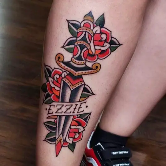 Custom dagger and roses Shin Tattoo