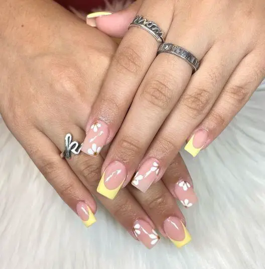 Short Acrylic Nails with French Tip and Flowers