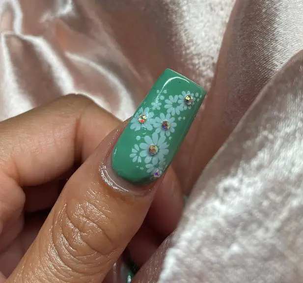 Dark Green Nail Art With Flower