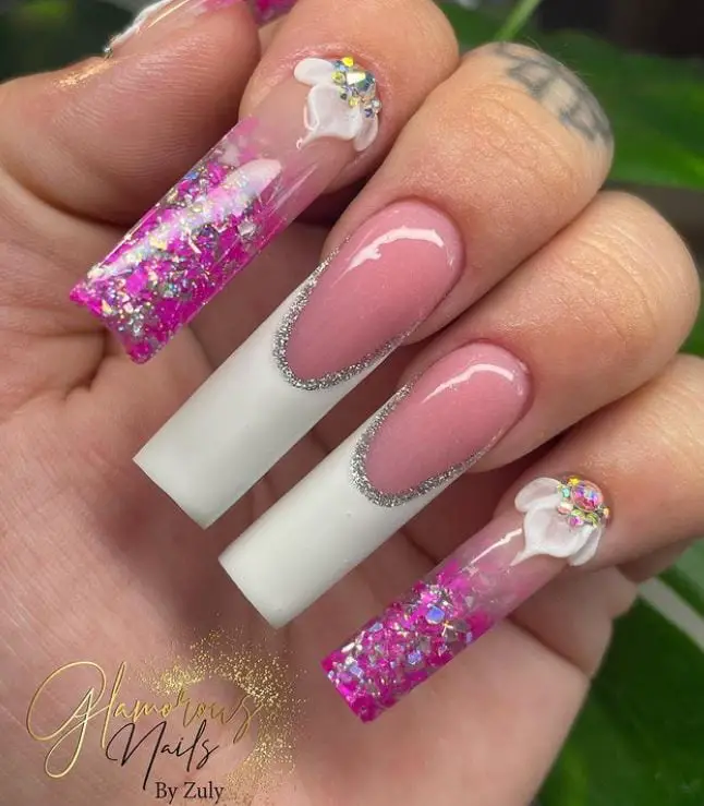 Diamonds on Nude and Pink Long Nails