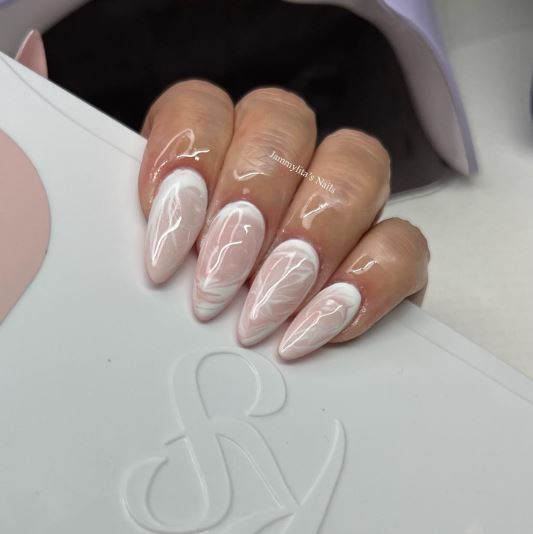 Elegant White and Brown Almond Nails