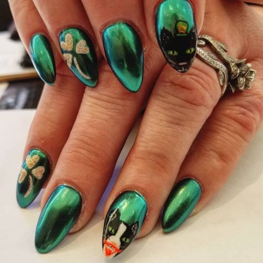 Emerald Metallic Cat Nail Design