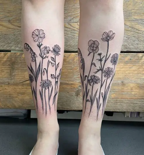 Family birth flowers shin tattoo art