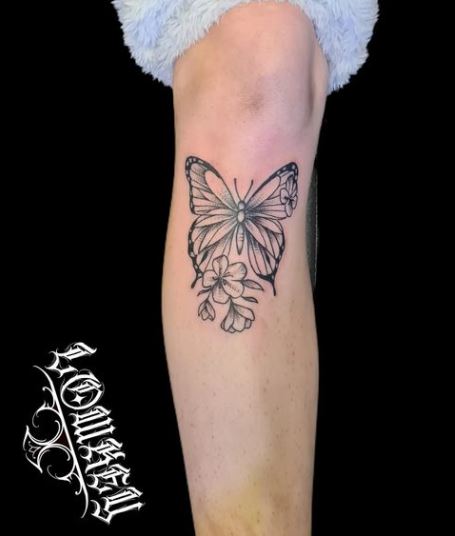Floral Butterfly Shin Tattoo