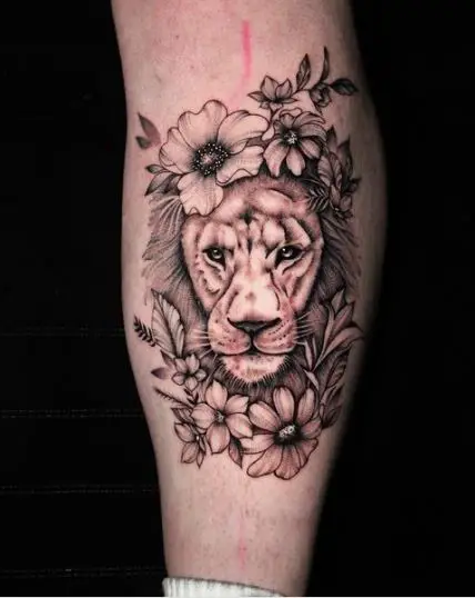 Floral Lioness Shin Tattoo
