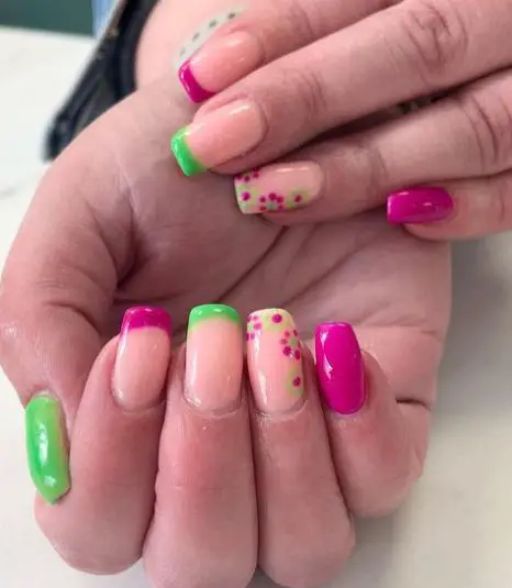 Floral Pink and Green Nails