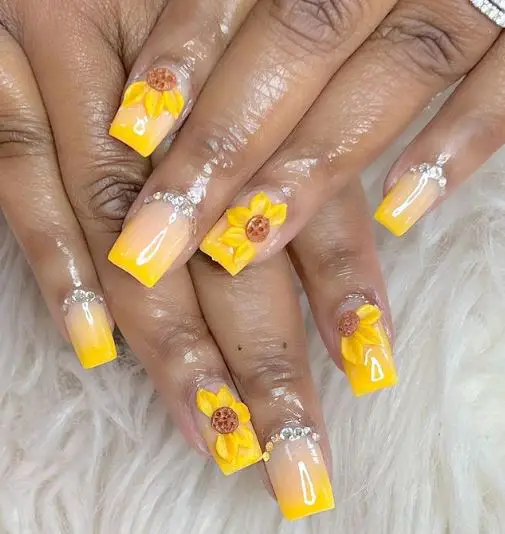 Short Acrylic Nails with Sunflower Design