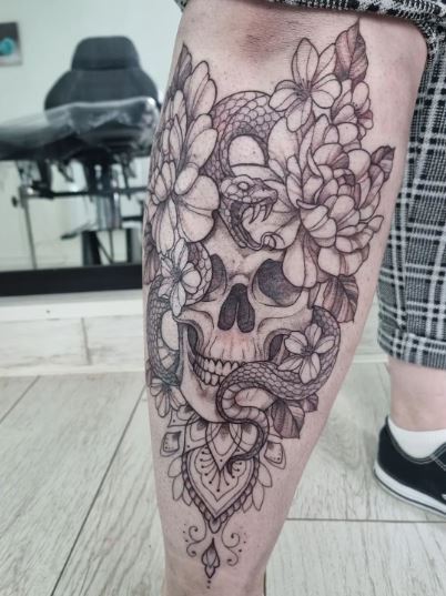 Floral Snake Skull Tattoo