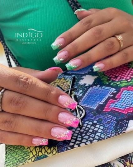 Pink and Green French Nails