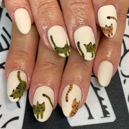 Ginger and Green Cat Nail Design