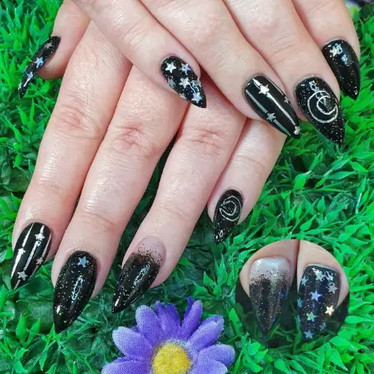 Black Glitter Nails With Moon And Stars