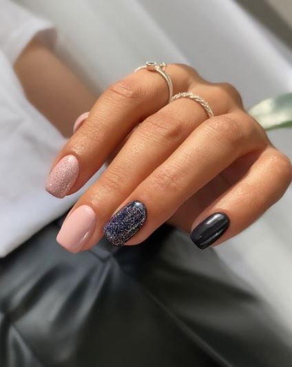 Glossy Nude With Black Glitter Nails