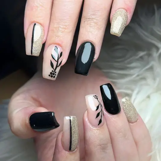 Gold Glitter With Black Nails