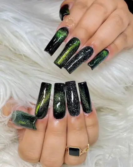 Green Galaxy Black Glitter Nails