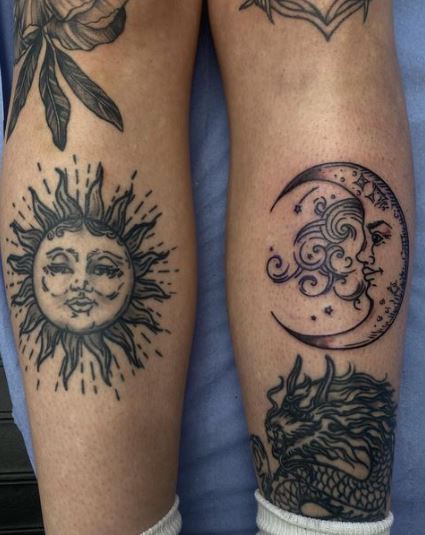 Grey Shade Sun Moon Shin Tattoo