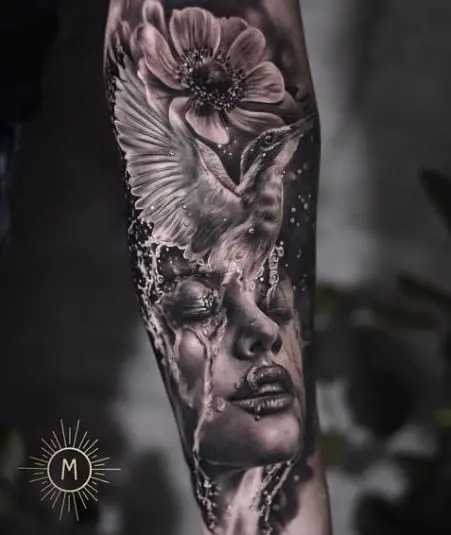 Tattoo of a Greywash Lady with a Bird