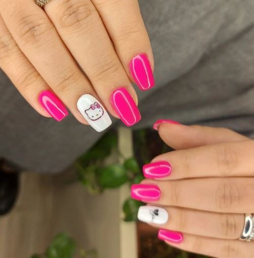 Hot Pink Cat Nail Art