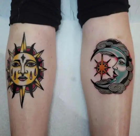 Hot Sun and Calm Moon Shin Tattoo