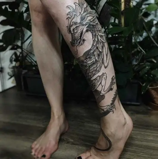 Inked Dragon Shin Tattoo