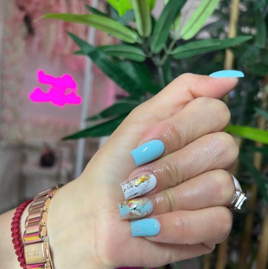 Light Blue Acrylic Nail with Floral Design