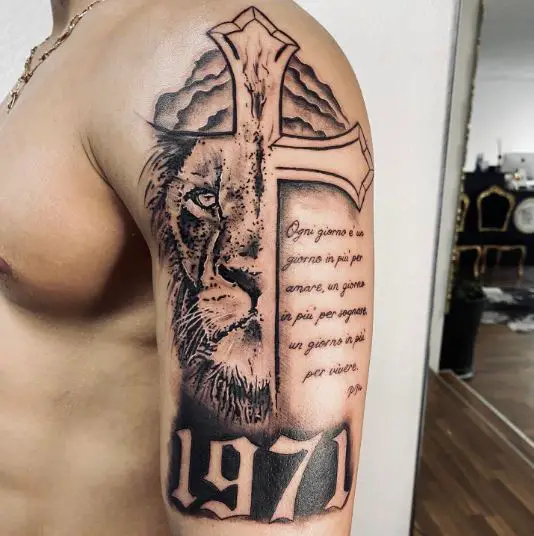 Lion and Cross Religious Sleeve Tattoo