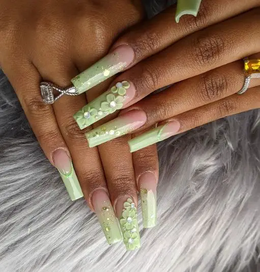 Long Mint Green Nails with Flowers