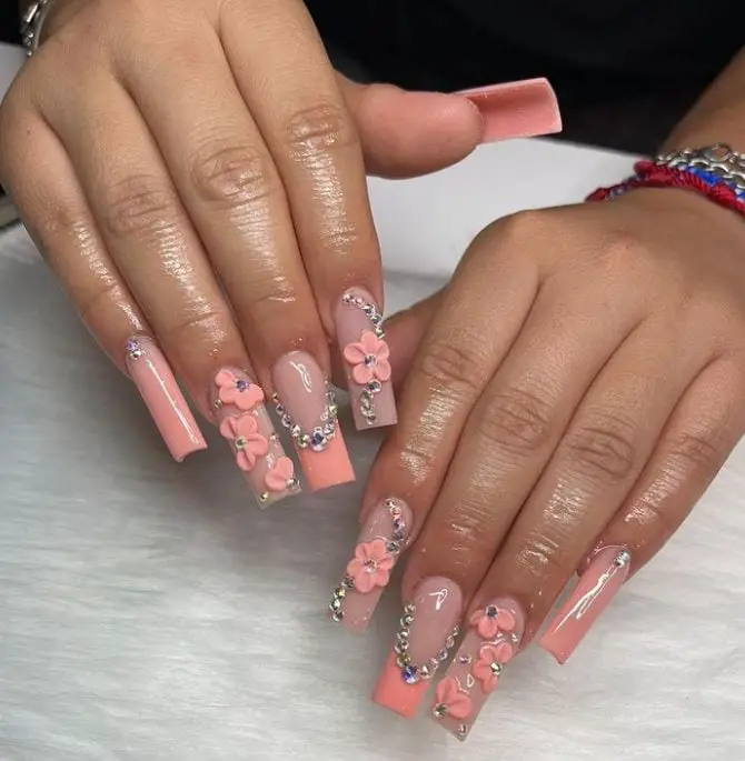 Long Peach Nails with Flowers and Diamonds