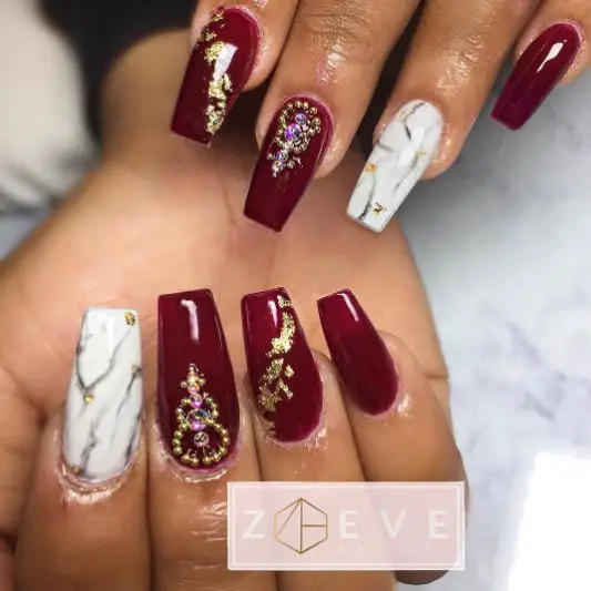 Maroon Marble Accent Nails