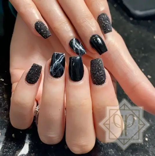 Marble And Black Glitter Nails