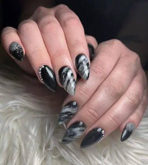 Black And Silver Marble Nails