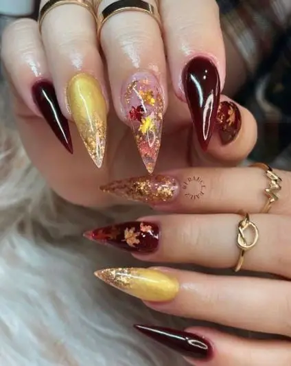 Maroon and Gold Mixed with Yellow Nails