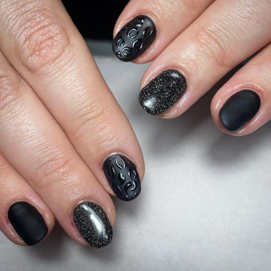 Matt Black and Glitter Nails