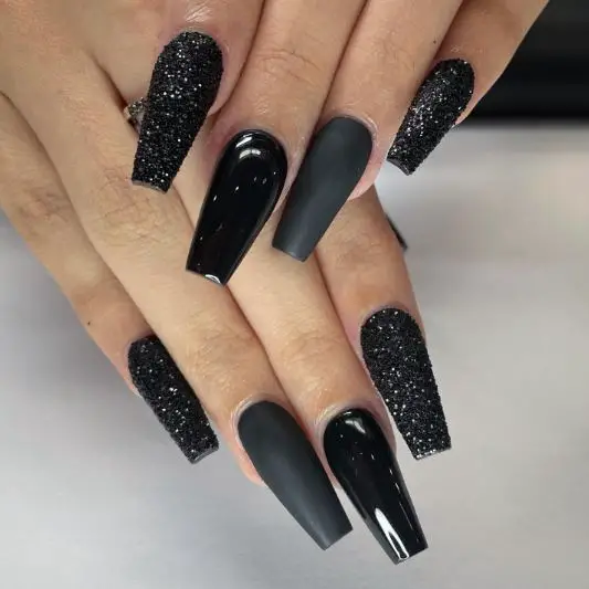 Matte And Glossy Black Glitter Nails