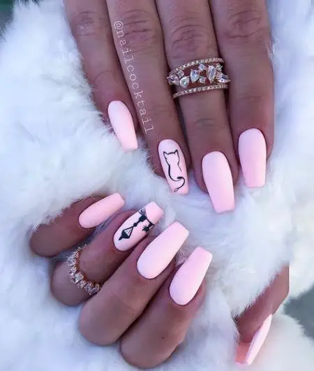 Matte Pink Nails With Kitten