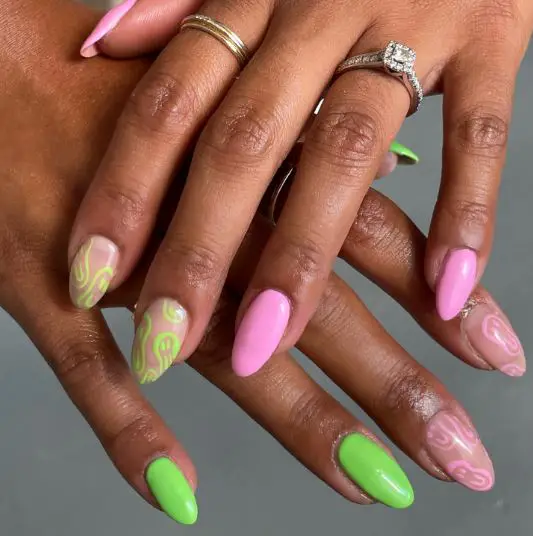 Melted Smiley Pink And Green Nails