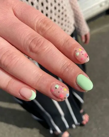 Mint Green Nails with Colorful Polka Dots