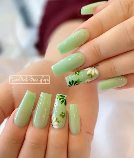 Mint Green Nails with Flowers