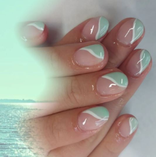 Mint Green and White Line Nail Art