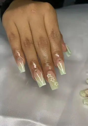 Mint Ombre Nails with Flowers