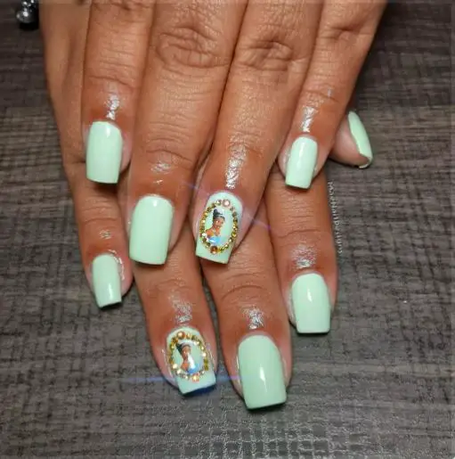 Minty Green with Princess Tiana Character Nails