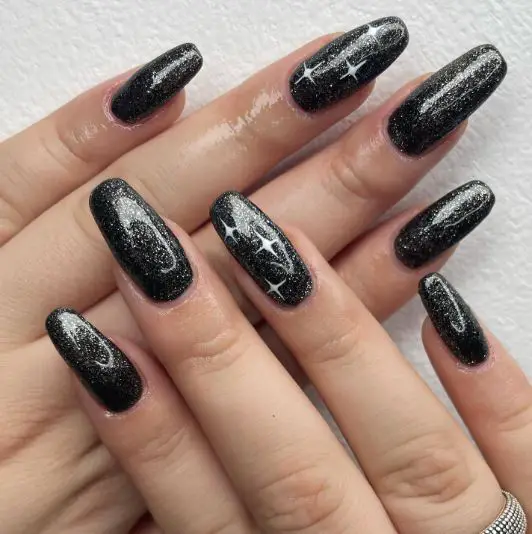 Black, Night Sky Stars Nails