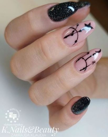 Nude And Black Glitter Nails