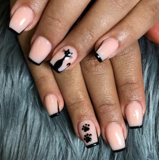 Nude and Black Cat Nail Art