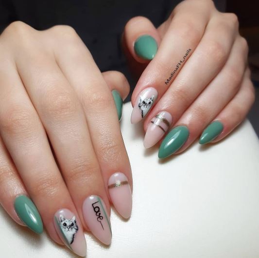 Nude and Green Cat Nail Design