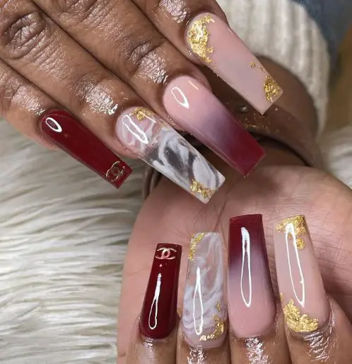 Ombre Maroon and Gold Nail Art