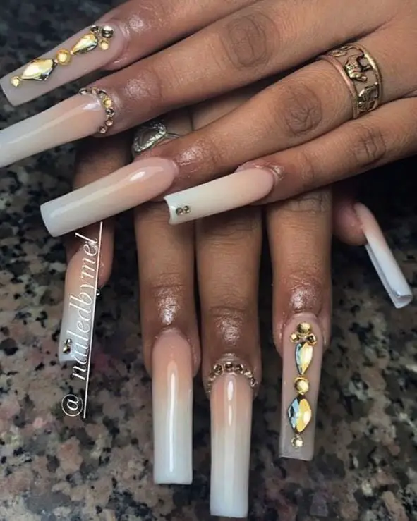 Ombre Nails With Gold Diamonds