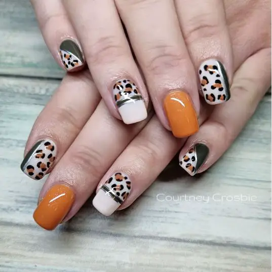 Orange and Animal Print Nails