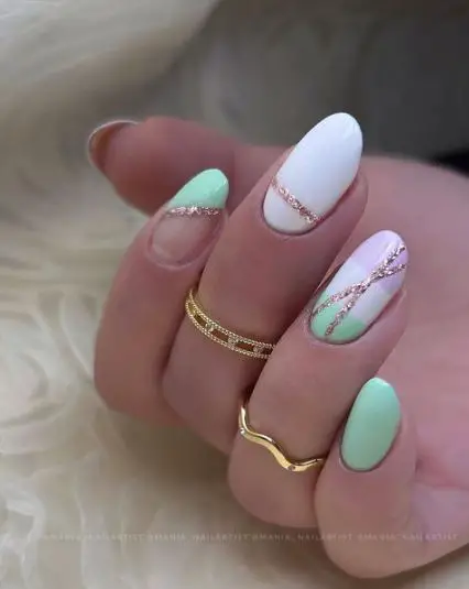 Pastel Pink and Green Spring Nails