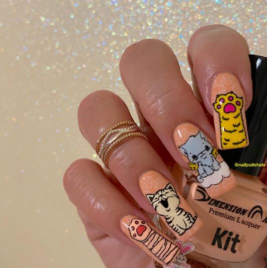 Peach Cartoon Cat Nails